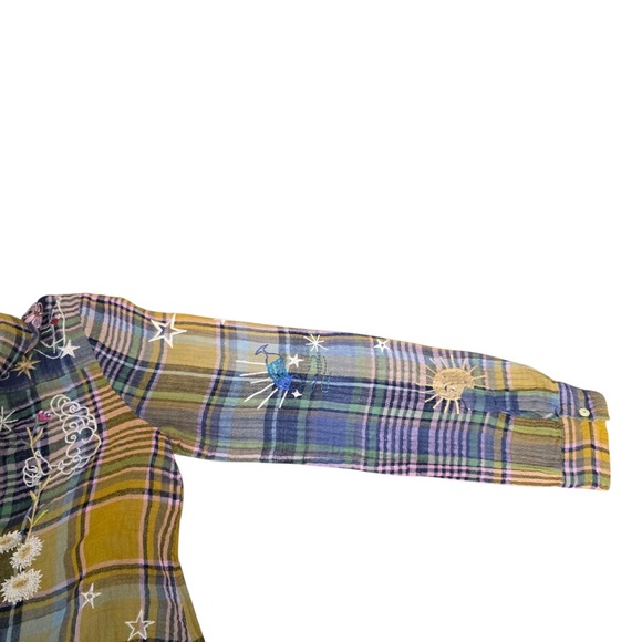 Johnny Was Workshop Plaid Embroidered Button Down Shirt Boho Floral Stars Sz S - Picture 10 of 13